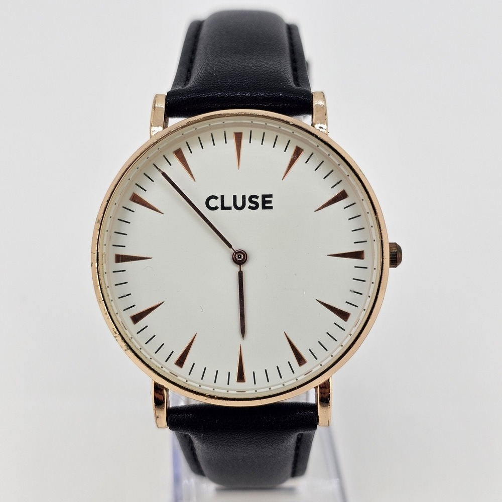 Cluse Watch Women 40MM Analog White Dial NEW Black Leather Bands NEW Battery